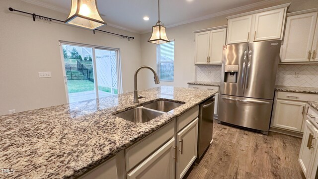 49 W Copenhaver Dr, Clayton, NC 27527 - kitchen featuring appliances with stainless steel finishes, a sink, light wood-style flooring, healthy amount of natural light, and ornamental molding