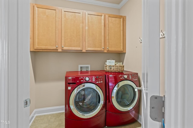5233 Greymoss Ln, Apex, NC 27539 - laundry room featuring separate washer and dryer, ornamental molding, cabinet space, and baseboards