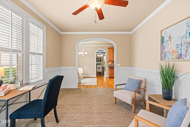5233 Greymoss Ln, Apex, NC 27539 - office with a wainscoted wall, a ceiling fan, healthy amount of natural light, crown molding, and arched walkways