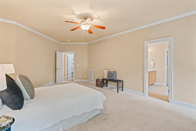 5233 Greymoss Ln, Apex, NC 27539 - bedroom featuring crown molding, light colored carpet, baseboards, a ceiling fan, and ensuite bathroom