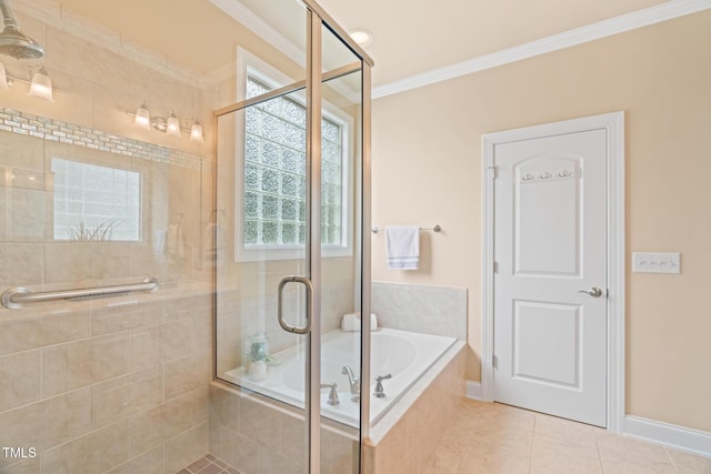 5233 Greymoss Ln, Apex, NC 27539 - bathroom with crown molding, a stall shower, a garden tub, tile patterned floors, and baseboards