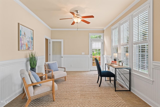 5233 Greymoss Ln, Apex, NC 27539 - office area with wainscoting, ceiling fan, crown molding, and a decorative wall