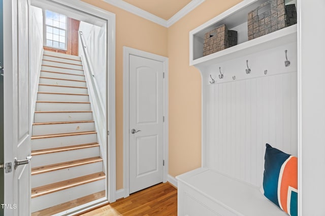 5233 Greymoss Ln, Apex, NC 27539 - mudroom with crown molding and light wood-style flooring
