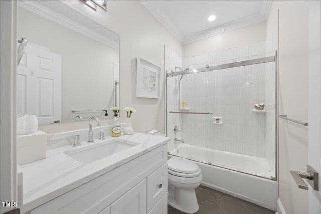 1508 Tradescant Ct, Raleigh, NC 27613 - bathroom featuring vanity, shower / bath combination with glass door, tile patterned floors, and crown molding