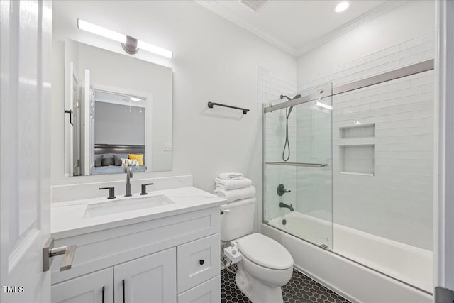 1508 Tradescant Ct, Raleigh, NC 27613 - ensuite bathroom with ornamental molding, enclosed tub / shower combo, vanity, and tile patterned flooring