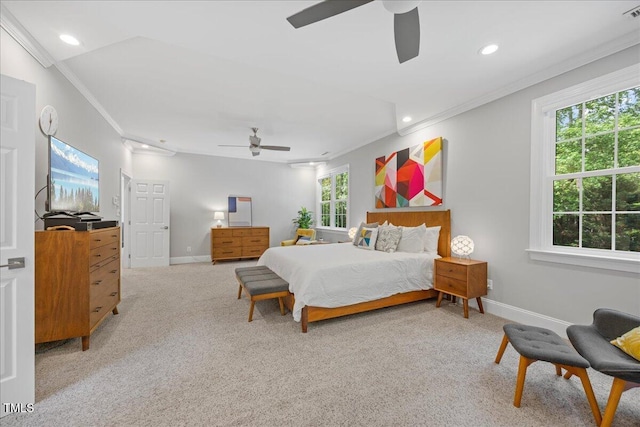 1508 Tradescant Ct, Raleigh, NC 27613 - bedroom featuring crown molding, recessed lighting, light carpet, and ceiling fan