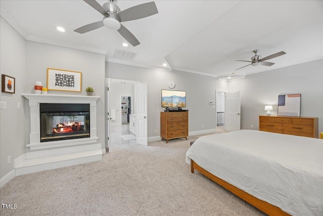 1508 Tradescant Ct, Raleigh, NC 27613 - bedroom featuring crown molding, recessed lighting, carpet, a multi sided fireplace, and a ceiling fan