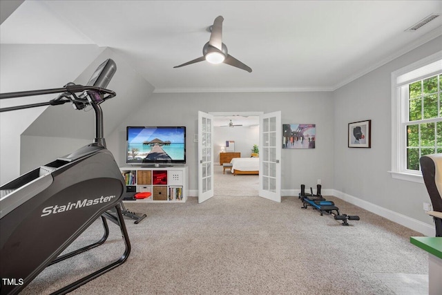 1508 Tradescant Ct, Raleigh, NC 27613 - workout area featuring french doors, ceiling fan, carpet floors, and crown molding