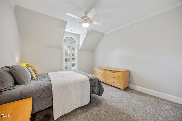 1508 Tradescant Ct, Raleigh, NC 27613 - bedroom featuring light carpet, lofted ceiling, a ceiling fan, and ornamental molding