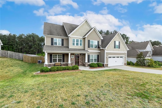 craftsman inspired home with driveway, central AC, stone siding, a porch, and a garage