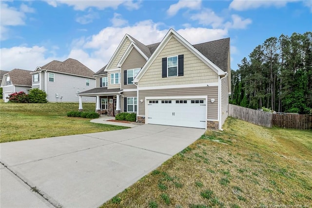 craftsman-style home featuring concrete driveway, an attached garage, stone siding, and a porch