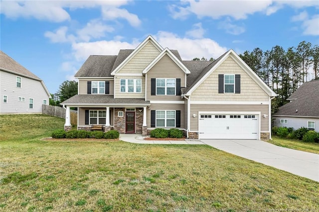 craftsman inspired home with covered porch, concrete driveway, stone siding, and a garage