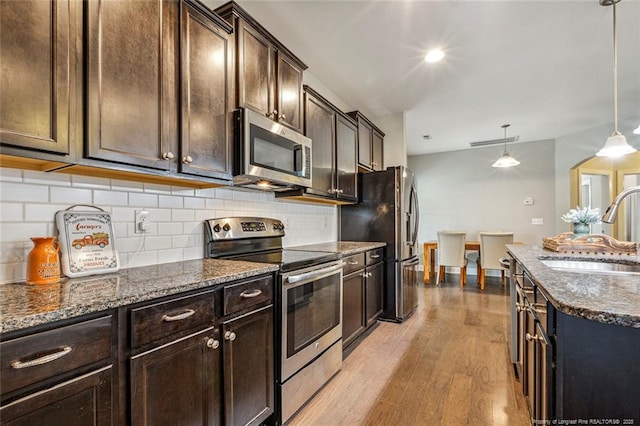 kitchen featuring stainless steel appliances, a sink, dark stone countertops, and tasteful backsplash