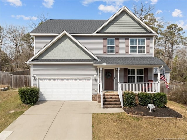 traditional-style home featuring driveway, fence, covered porch, a shingled roof, and a garage