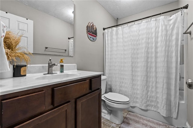 263 Autumn Ln, Raeford, NC 28376 - bathroom with vanity, a textured ceiling, toilet, tile patterned floors, and shower / bathtub combination with curtain