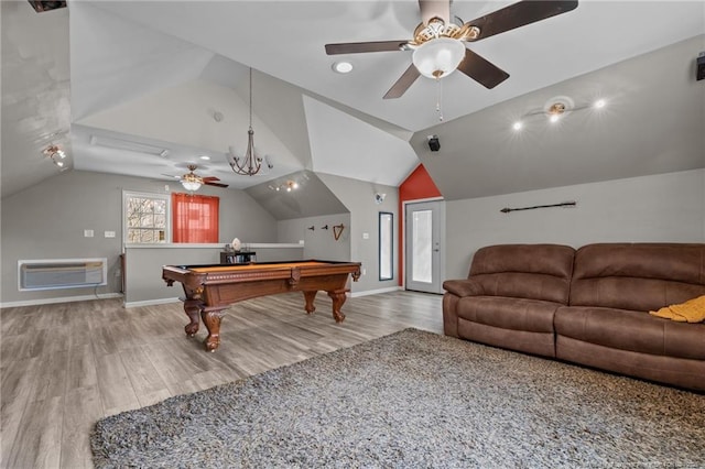 263 Autumn Ln, Raeford, NC 28376 - playroom featuring lofted ceiling, ceiling fan, wood finished floors, billiards table, and baseboards