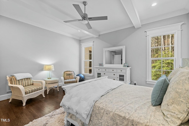 76 Gentry Dr, Pittsboro, NC 27312 - bedroom with beamed ceiling, baseboards, wood finished floors, recessed lighting, and a ceiling fan