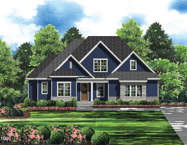 249 High Ridge Ln, Pittsboro, NC 27312 - view of front facade featuring stone siding, a front yard, and roof with shingles