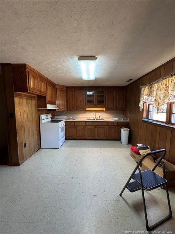 2907 George Owen Rd, Fayetteville, NC 28306 - kitchen with a sink, wooden walls, white electric range, brown cabinetry, and light floors