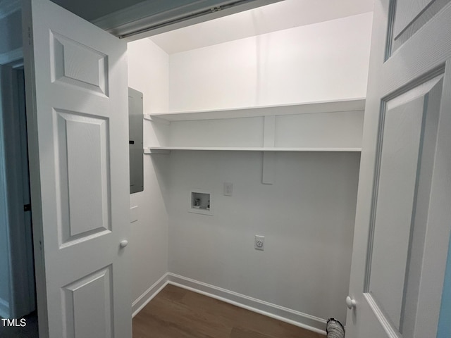 1116 Shadywood Ln, Raleigh, NC 27603 - laundry room featuring hookup for a washing machine, electric dryer hookup, dark wood-style floors, baseboards, and electric panel