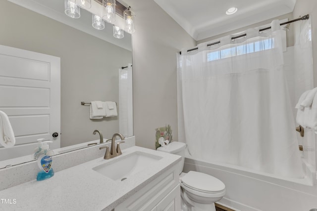 bathroom with shower / bath combo, toilet, and vanity