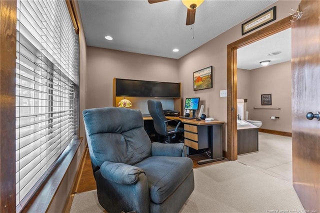 home office featuring ceiling fan, baseboards, and recessed lighting