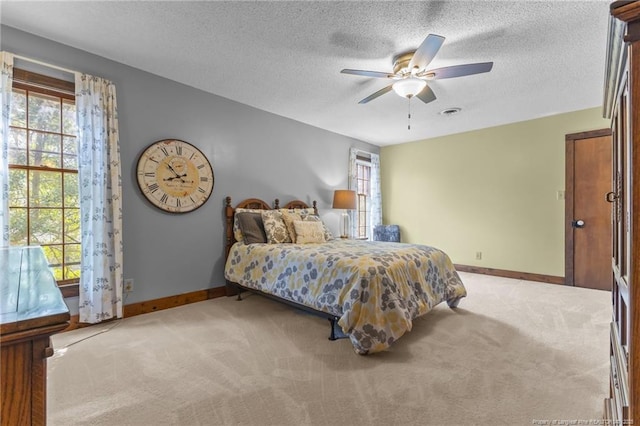 bedroom featuring baseboards, multiple windows, light carpet, and a textured ceiling