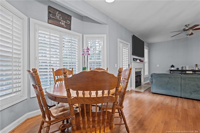 33 Woodbury Ln, Sanford, NC 27332 - dining space with a fireplace, a wealth of natural light, light wood finished floors, and ceiling fan