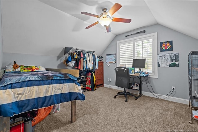 33 Woodbury Ln, Sanford, NC 27332 - carpeted bedroom with lofted ceiling, a ceiling fan, and baseboards