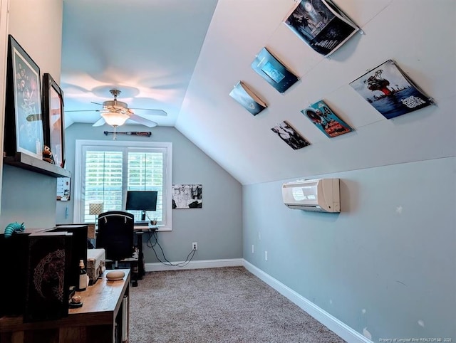 33 Woodbury Ln, Sanford, NC 27332 - office space featuring carpet flooring, vaulted ceiling, baseboards, ceiling fan, and a wall mounted AC