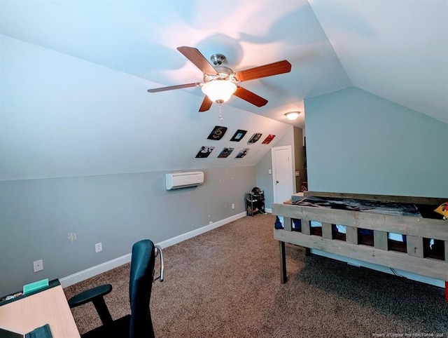 33 Woodbury Ln, Sanford, NC 27332 - bedroom featuring baseboards, lofted ceiling, a ceiling fan, a wall mounted AC, and carpet floors