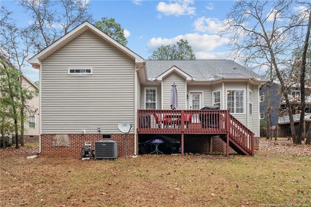 33 Woodbury Ln, Sanford, NC 27332 - back of property featuring a yard, cooling unit, a wooden deck, crawl space, and roof with shingles