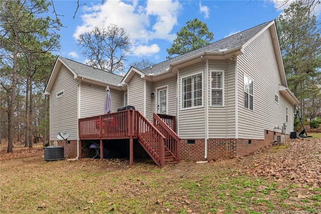 33 Woodbury Ln, Sanford, NC 27332 - back of house featuring central air condition unit, roof with shingles, crawl space, and a deck