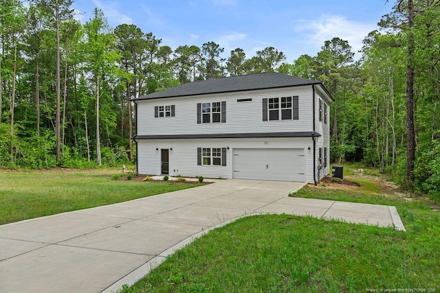 432 Timberline Dr, Fayetteville, NC 28311 - view of front facade featuring a garage, driveway, central AC, and a front lawn