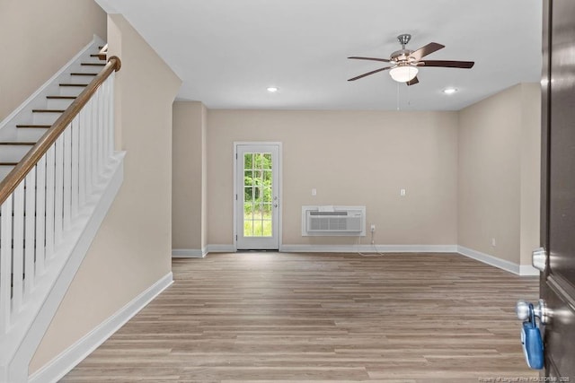 432 Timberline Dr, Fayetteville, NC 28311 - unfurnished living room featuring stairway, a ceiling fan, light wood-style floors, baseboards, and recessed lighting