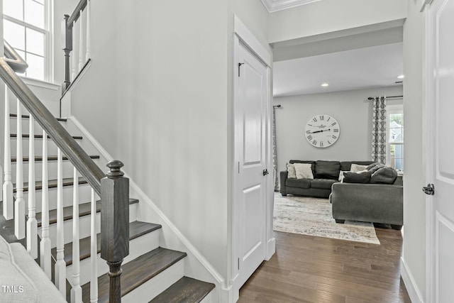 2801 Landon Ridge Dr, New Hill, NC 27562 - stairs with recessed lighting, wood finished floors, and baseboards