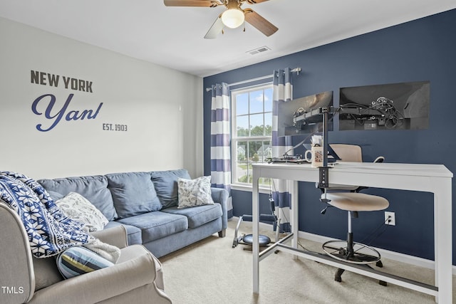 2801 Landon Ridge Dr, New Hill, NC 27562 - living area with baseboards, visible vents, carpet floors, and ceiling fan