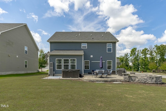 2801 Landon Ridge Dr, New Hill, NC 27562 - rear view of property with a patio area, a lawn, and a hot tub