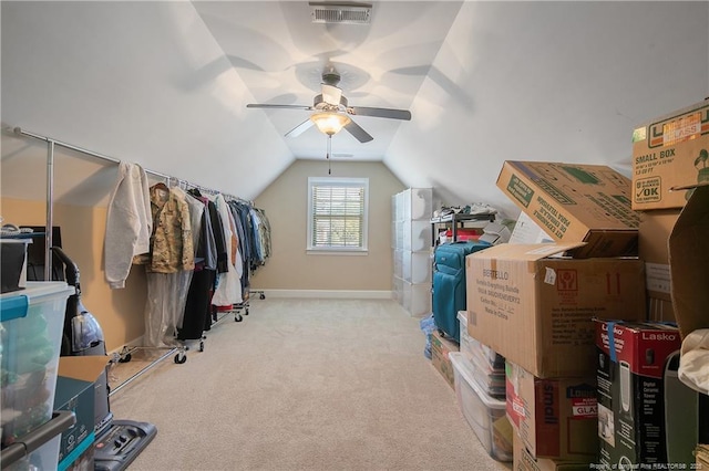 additional living space featuring ceiling fan, lofted ceiling, carpet, and baseboards