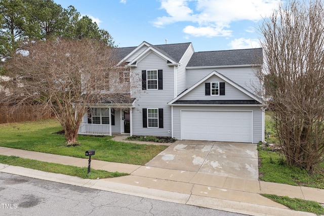 traditional home featuring driveway, fence, a front lawn, a shingled roof, and a porch