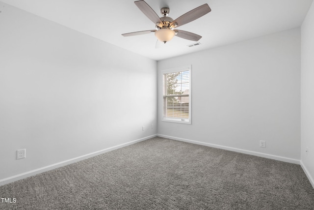 empty room featuring baseboards, a ceiling fan, visible vents, and carpet