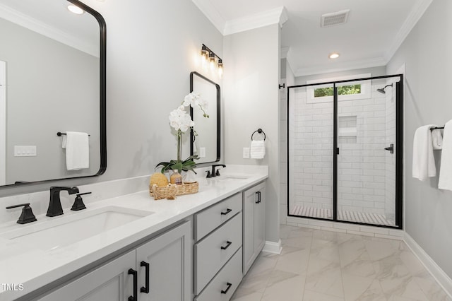 503 Forest Rd, Oxford, NC 27565 - bathroom with marble look tiles, double vanity, a stall shower, ornamental molding, and recessed lighting