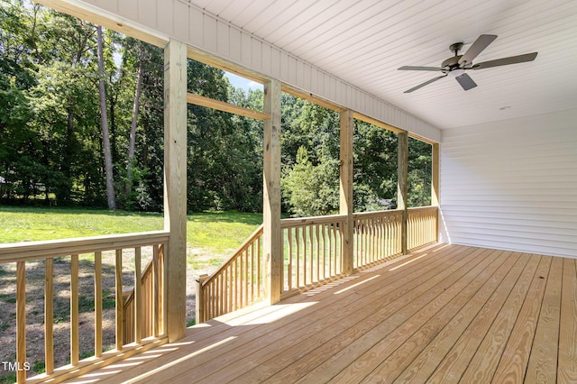 503 Forest Rd, Oxford, NC 27565 - wooden deck with a ceiling fan, a yard, and view of wooded area