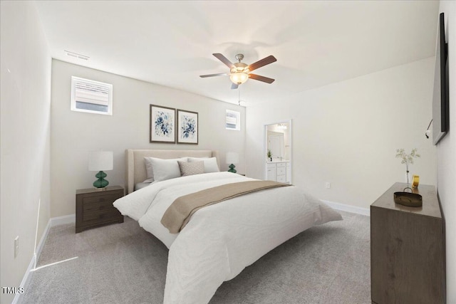 bedroom featuring ceiling fan, baseboards, and carpet flooring