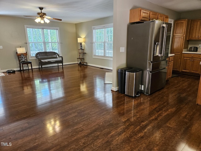 4116 Tall Pine Dr, Franklinton, NC 27525 - kitchen featuring high quality fridge, a ceiling fan, dark wood finished floors, brown cabinetry, and baseboards