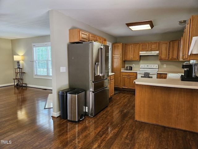 4116 Tall Pine Dr, Franklinton, NC 27525 - kitchen featuring white electric stove, under cabinet range hood, stainless steel refrigerator with ice dispenser, light countertops, and dark wood-type flooring
