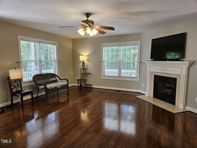 4116 Tall Pine Dr, Franklinton, NC 27525 - sitting room with a ceiling fan, hardwood / wood-style flooring, a premium fireplace, and baseboards