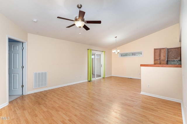 1603 Stonegate S, Sanford, NC 27332 - unfurnished room with lofted ceiling, light wood-type flooring, ceiling fan with notable chandelier, baseboards, and visible vents