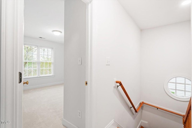 staircase with baseboards and carpet floors