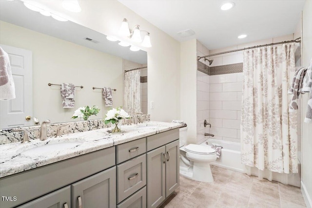 full bathroom featuring shower / bath combination with curtain, double vanity, toilet, tile patterned flooring, and recessed lighting